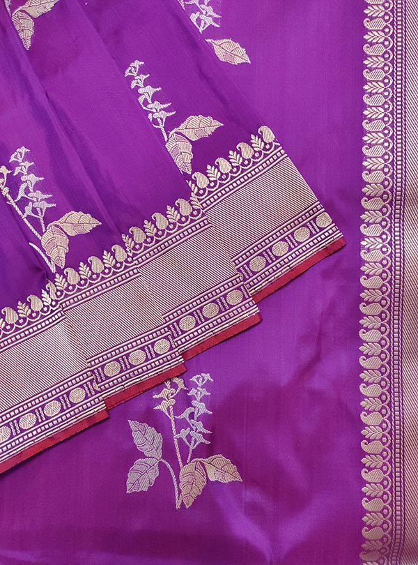 Purple katan silk Banarasi saree with tulsi plant boota in sona rupa zari (2) close up