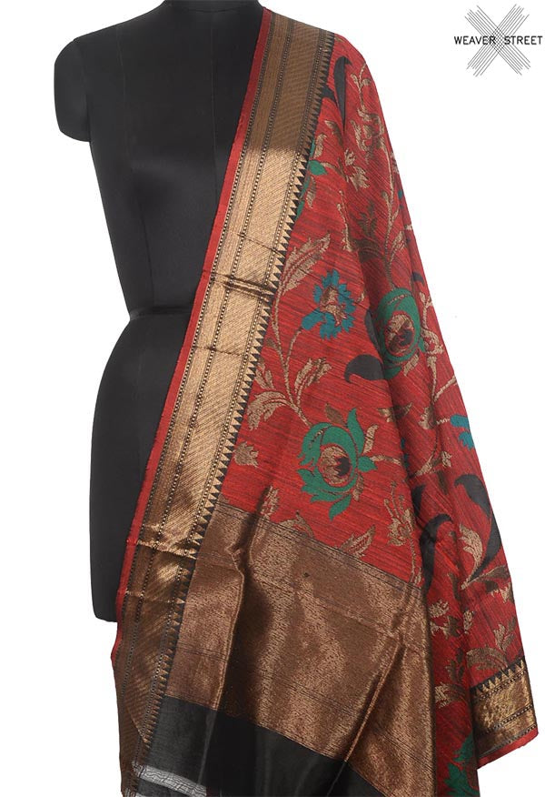 Red Dupion silk handloom Banarasi dupatta with meenedar floral jaal (1) Main