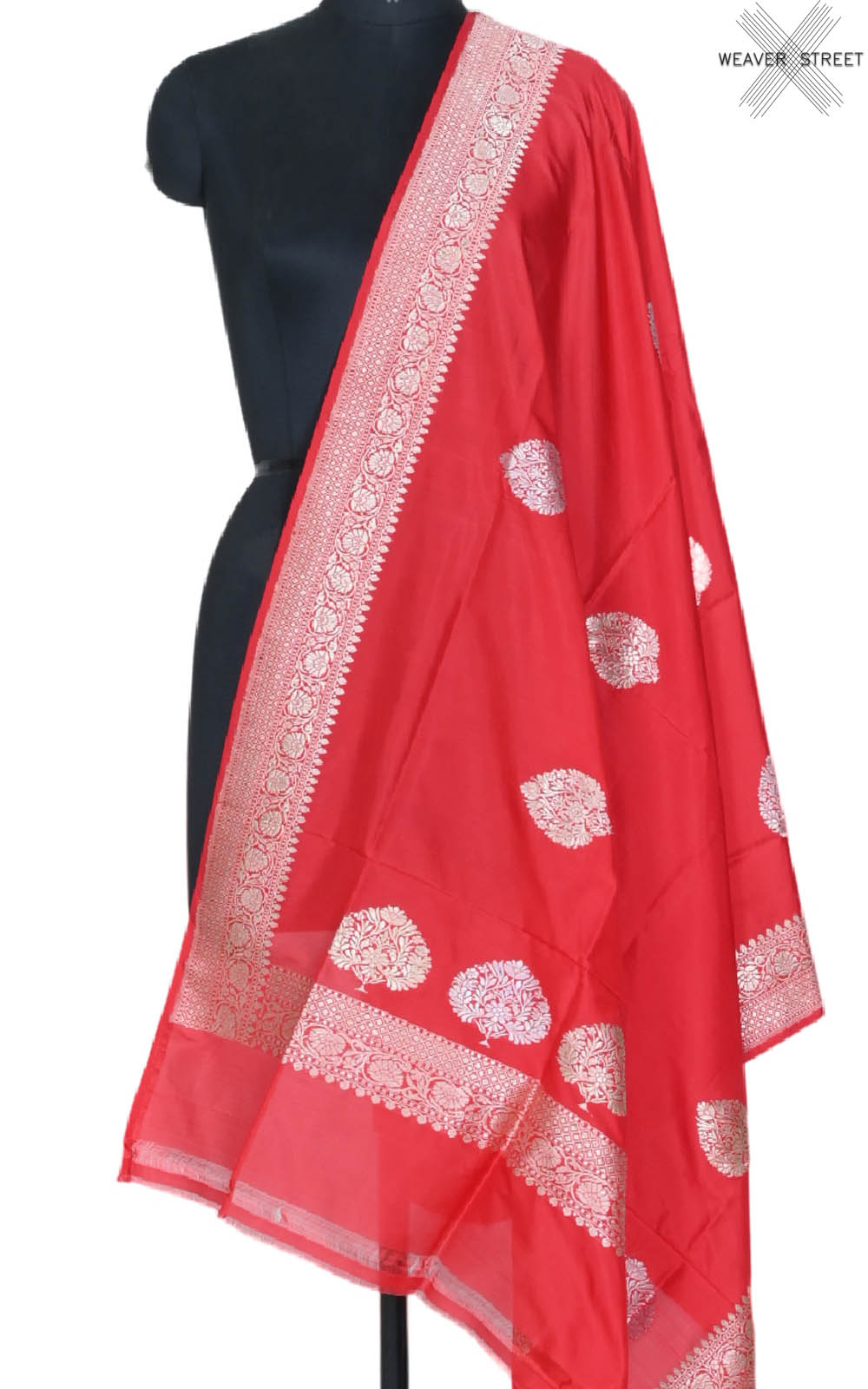 Red Katan silk handwoven Banarasi dupatta with leaf shape buta (1) main