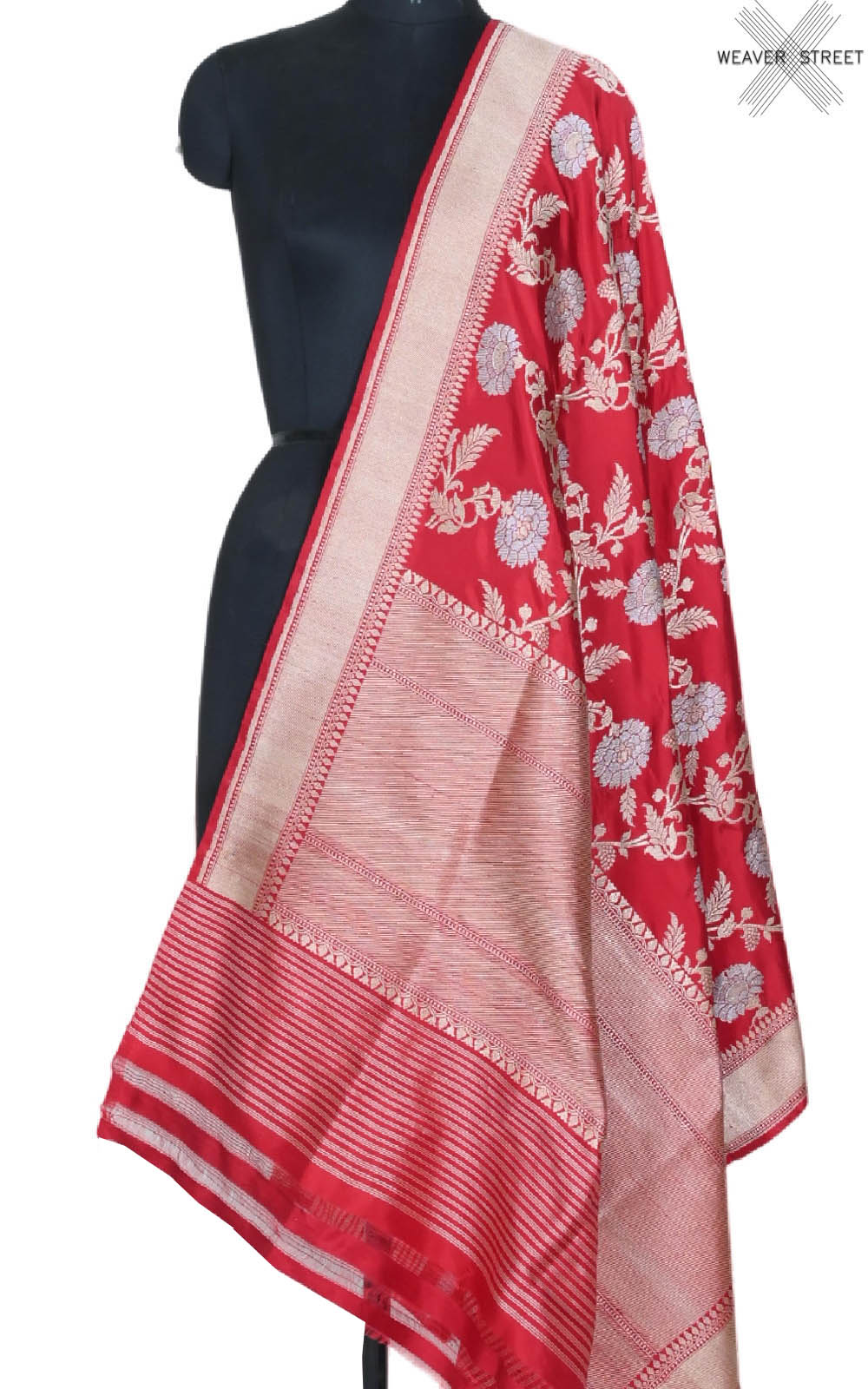 Red Katan silk handwoven ektara Banarasi dupatta with sona rupa kadwa jangla (1) main