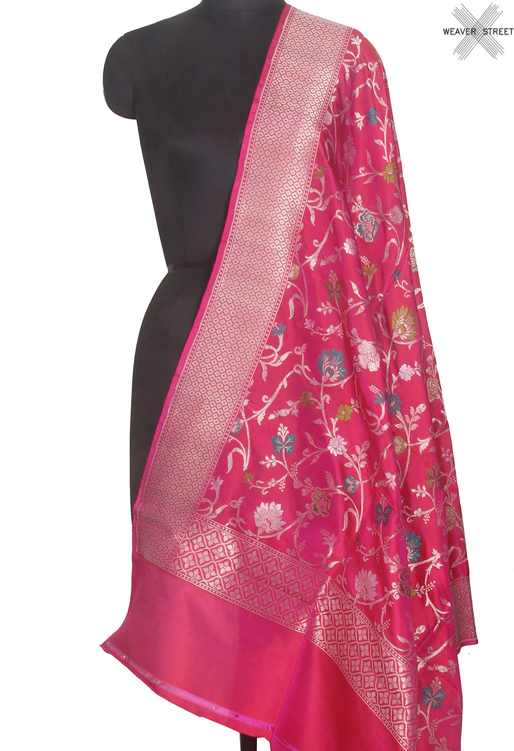 Red Pink shot color Katan silk Handwoven Banarasi dupatta with multi color floral jaal (1) Main