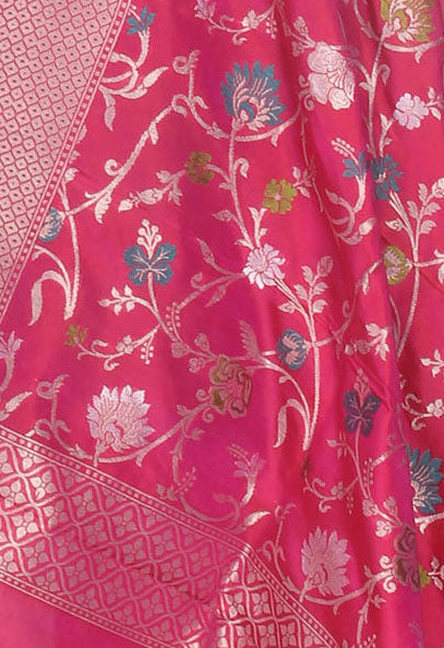 Red Pink shot color Katan silk Handwoven Banarasi dupatta with multi color floral jaal (2) Close up