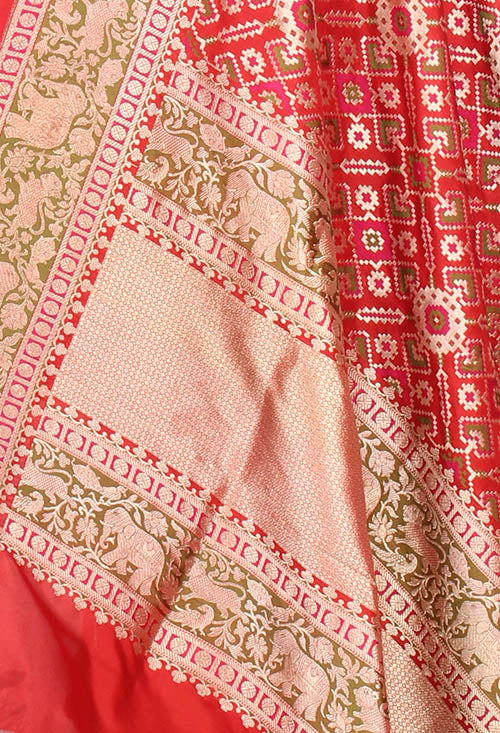 Red Katan Silk Banarasi dupatta with meenedar patola jaal (2) closeup