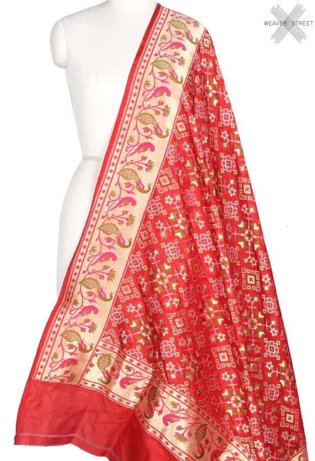 Red Katan Silk Handwoven Banarasi Dupatta with paithani border (1) Main