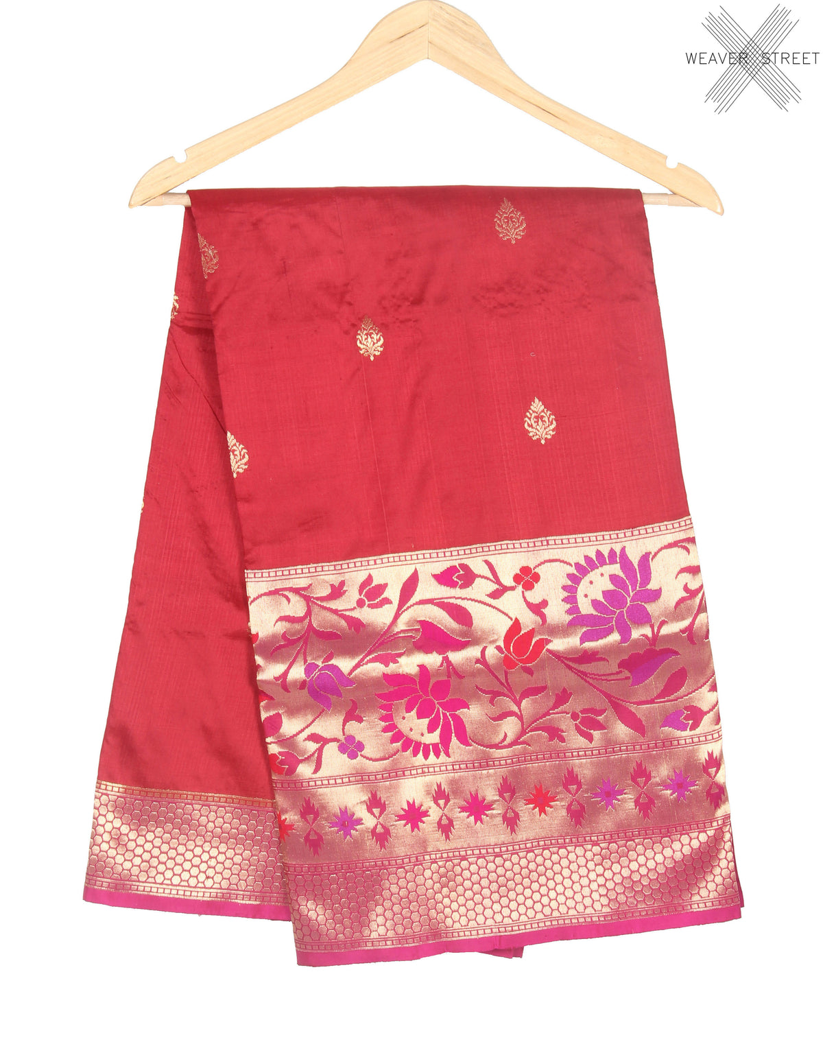 Red Katan Silk handwoven Banarasi saree with paithani border (1) Main