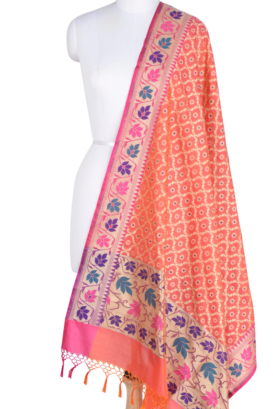 Red Orange Banarasi Dupatta with leaf jaal and floral motifs (1) Main