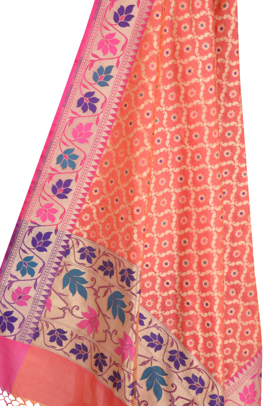Red Orange Banarasi Dupatta with leaf jaal and floral motifs (2) Close up