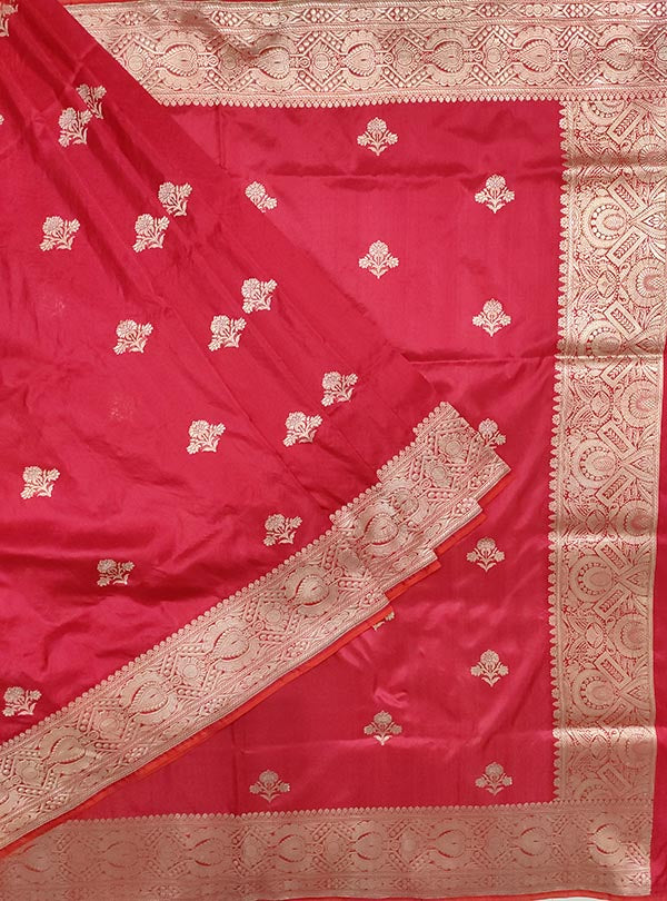Red katan silk Banarasi saree with alfi flower boota (1) main