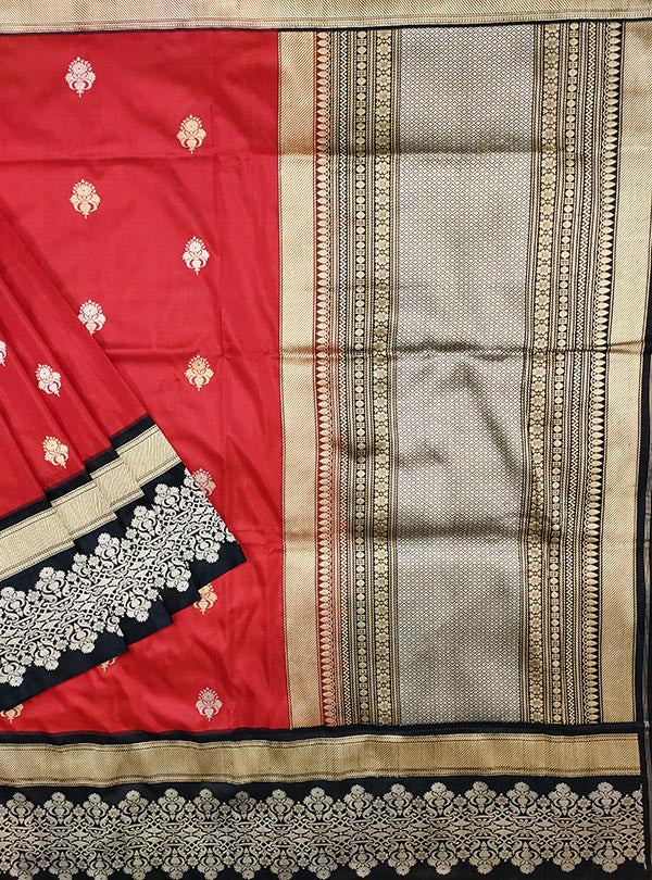 Red katan silk Banarasi saree with artistic sona rupa booti (1) Main