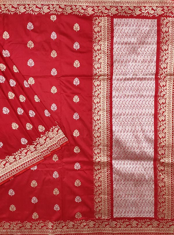 Red katan silk Banarasi saree with sona rupa artistic booti (1) main