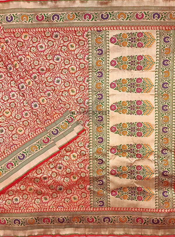 Red katan silk handwoven Banarasi saree with meenedar brocade floral jaal (1) Main