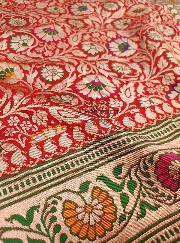 Red katan silk handwoven Banarasi saree with meenedar brocade floral jaal (2) Zoom