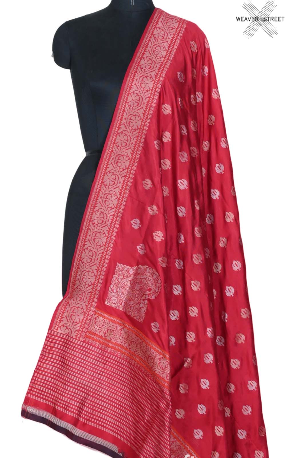 Red katan silk handwoven ektara Banarasi dupatta with sona rupa buti and konia (1) main