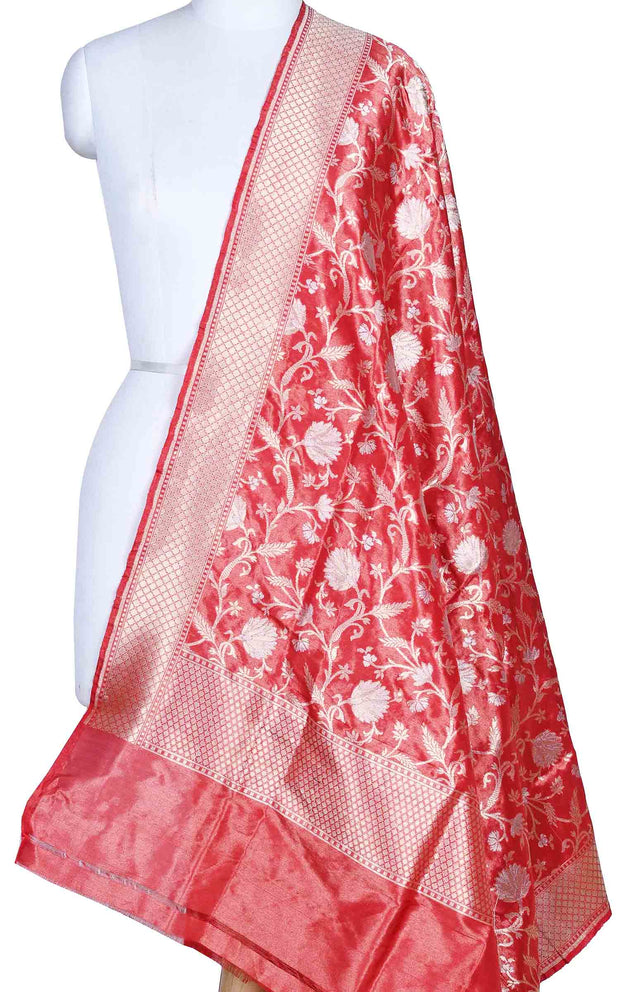 Red katan silk tissue Banarasi dupatta with sona rupa floral jaal (1) Main
