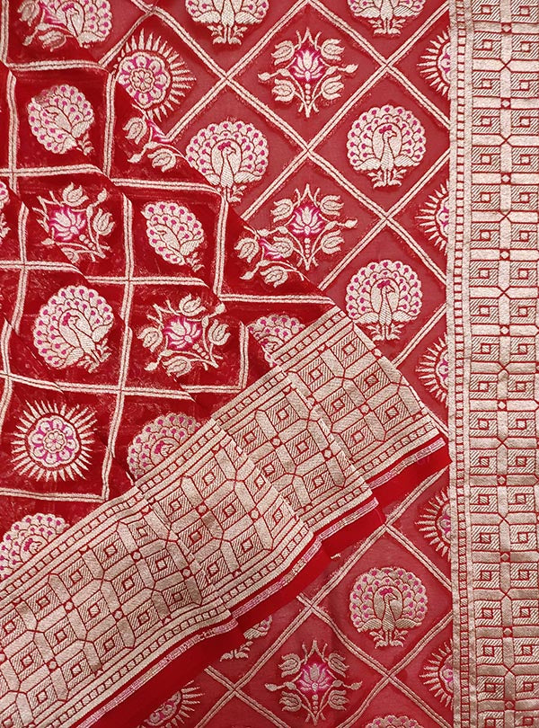 Red khaddi georgette Banarasi saree with peacock, mandala and flower in grid jaal (2) close up