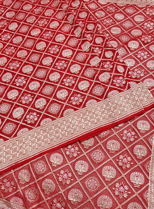 Red khaddi georgette Banarasi saree with peacock, mandala and flower in grid jaal (3) center