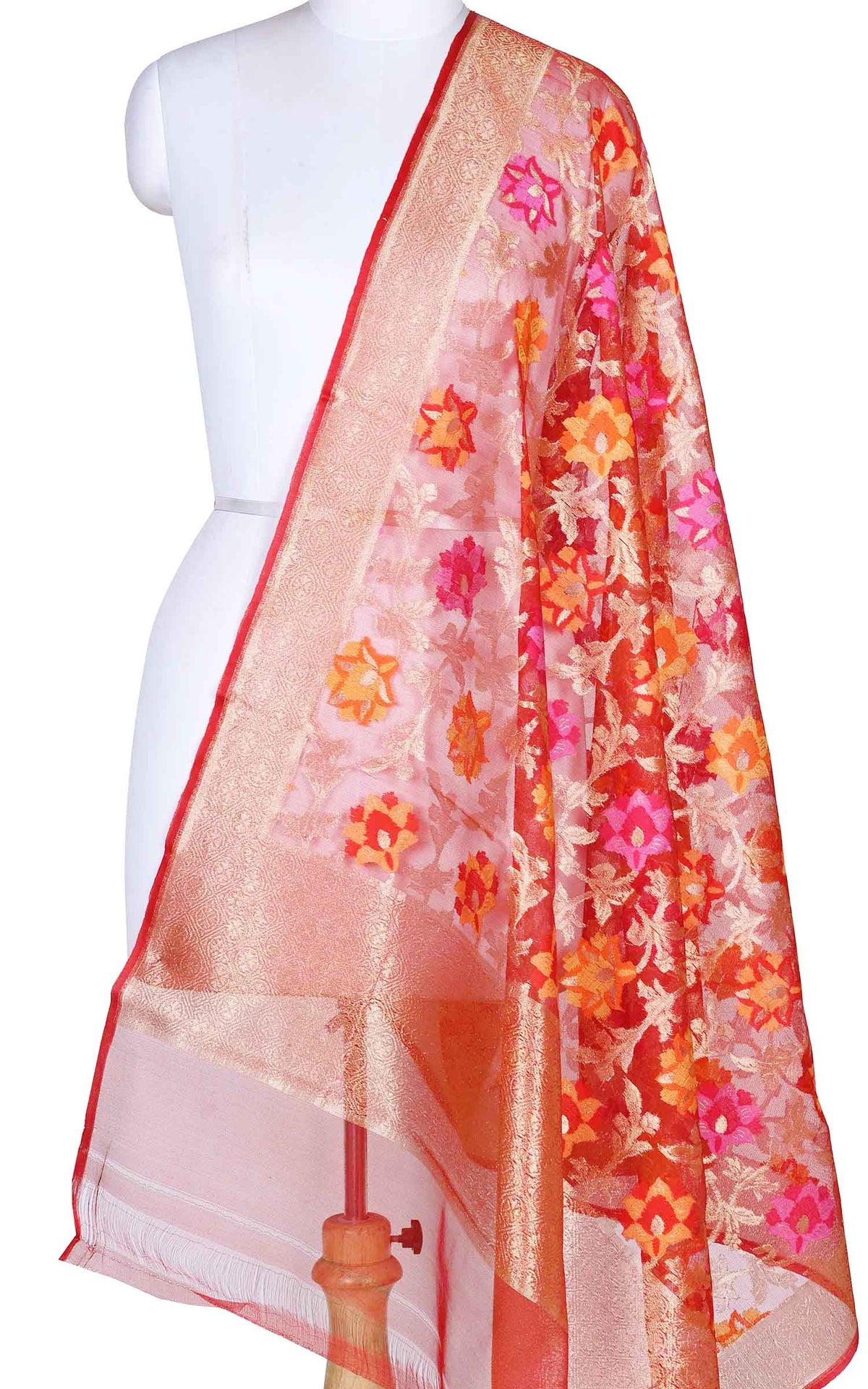Red kora silk Banarasi dupatta with multi color flower jaal (1) Main