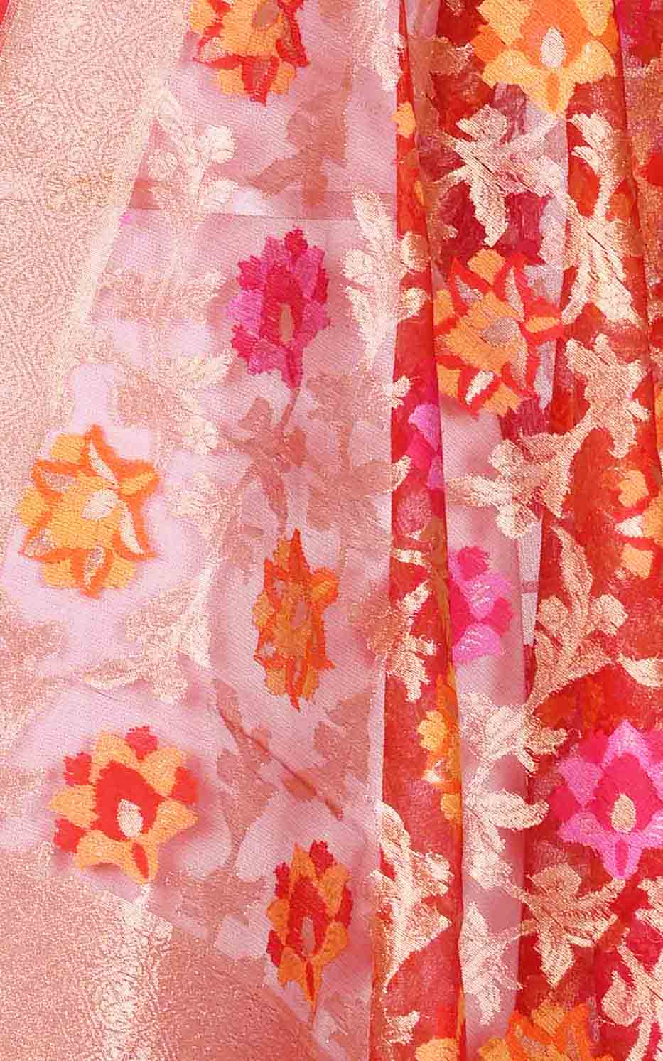 Red kora silk Banarasi dupatta with multi color flower jaal (2) Close up