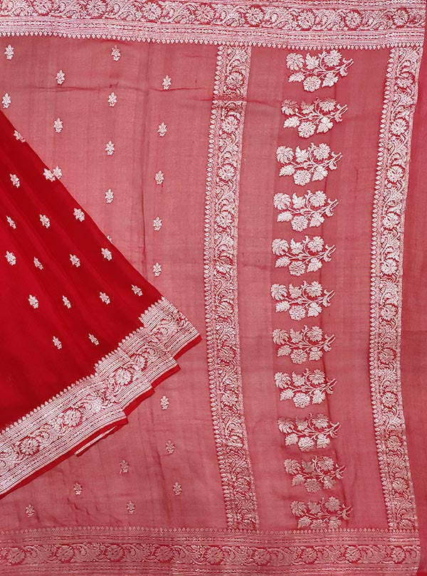 Red light weight chiffon handloom Banarasi saree with silver booti (1) main