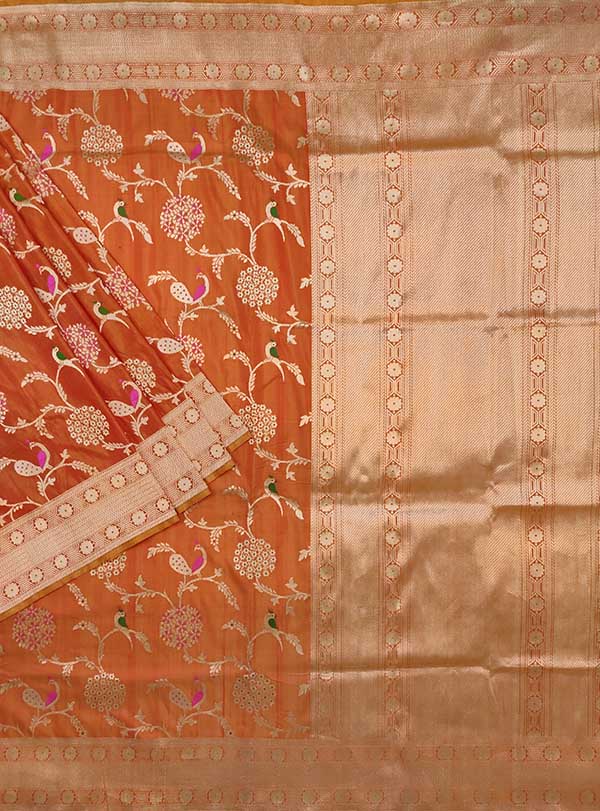 Rust Katan silk Handwoven Banarasi saree with meenedar birds jaal (1) main