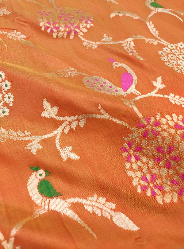 Rust Katan silk Handwoven Banarasi saree with meenedar birds jaal (2) zoom