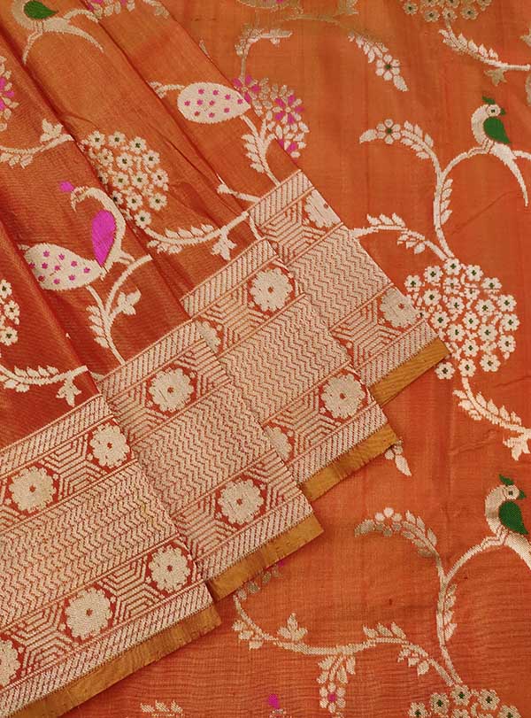 Rust Katan silk Handwoven Banarasi saree with meenedar birds jaal (3) close up