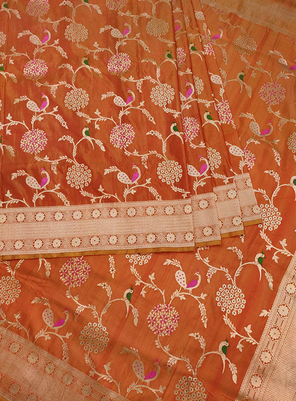 Rust Katan silk Handwoven Banarasi saree with meenedar birds jaal (4) center