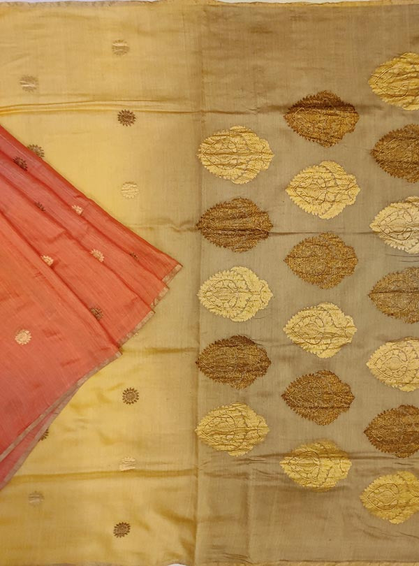 Rust Muga Silk Handwoven Banarasi saree with sun shape kadwa booti (1) main