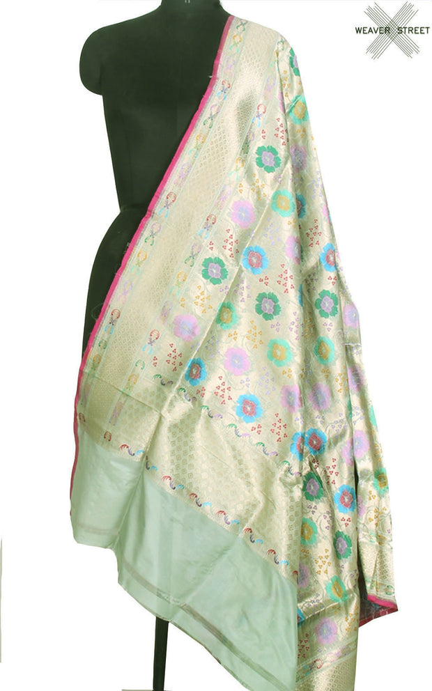 Sage green katan silk handwoven Banarasi dupatta with multi color flower jaal (1) main