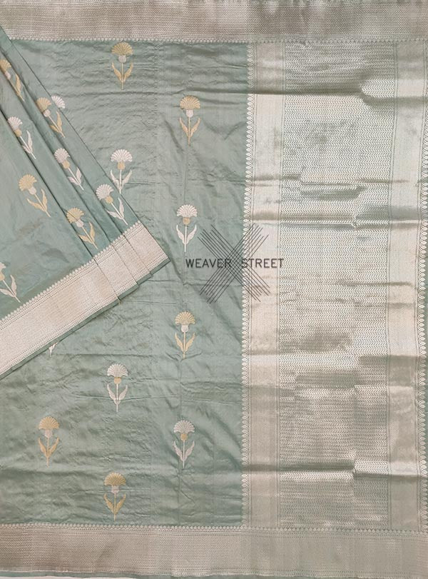 Sage green katan silk handwoven Banarasi saree with alfi flower buta (1) Main