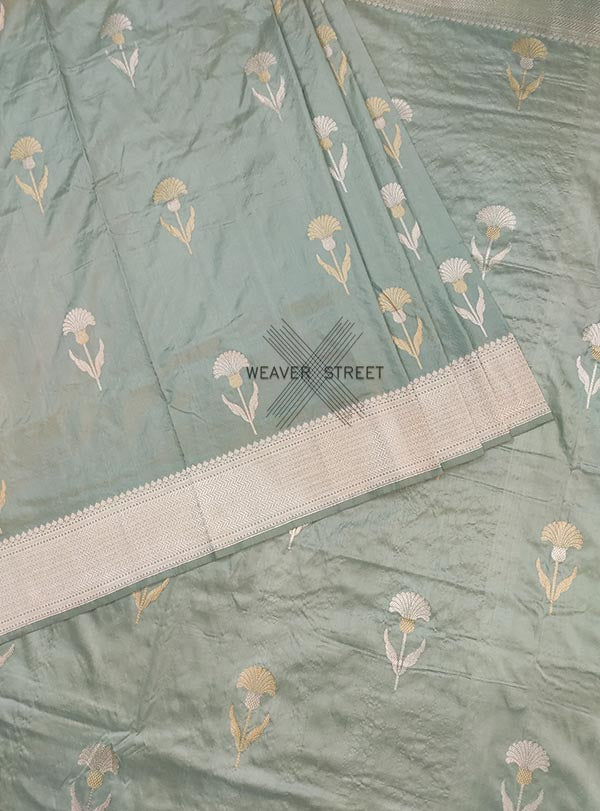 Sage green katan silk handwoven Banarasi saree with alfi flower buta (4) Center