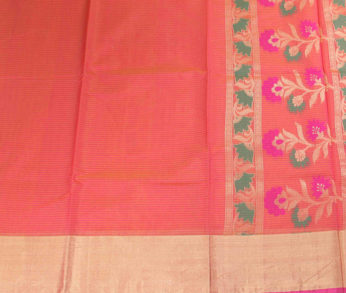 Salmon Cotton Banarasi saree with self stripes (2) flat