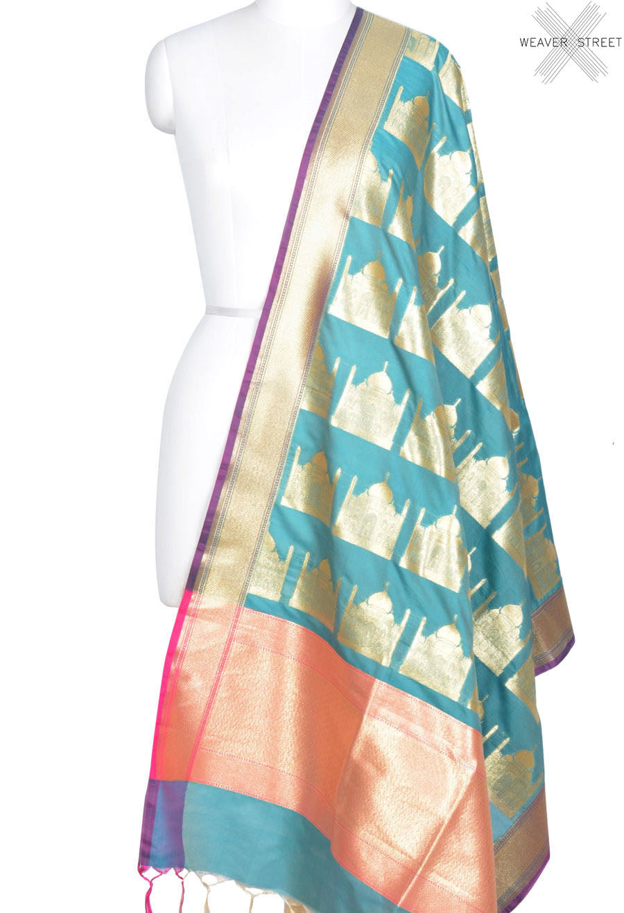 Sea green art silk Banarasi dupatta with Taj mahal motifs (1) Main