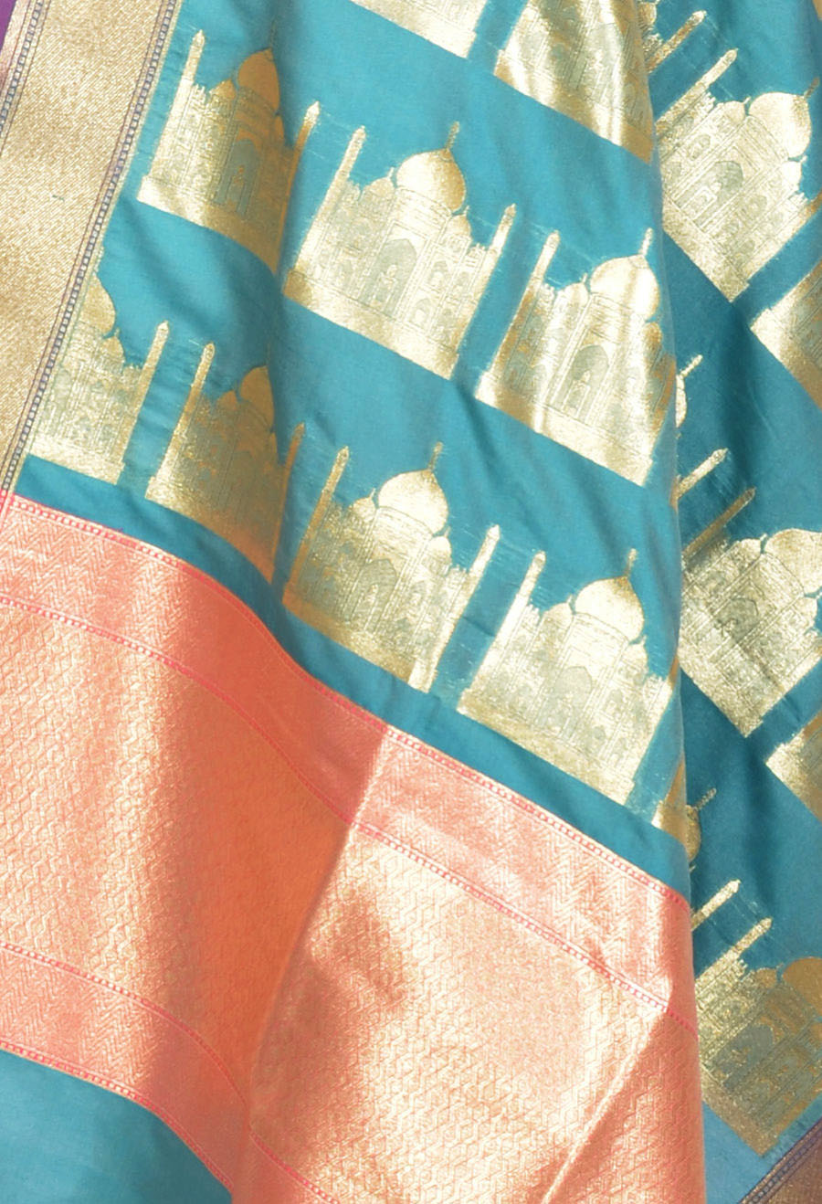 Sea green art silk Banarasi dupatta with Taj mahal motifs (2) Close up