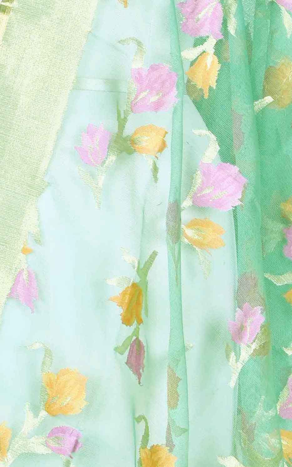 Sea green kora silk Banarasi dupatta with meenedar flower boota (2) Close up