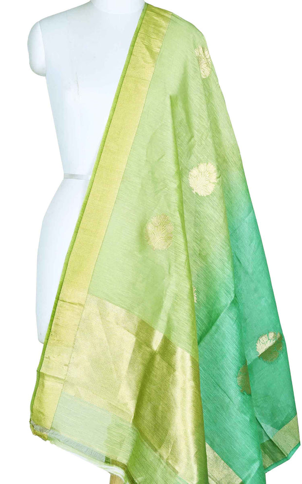 Shaded green silk linen Banarasi dupatta with floral boota (1) Main