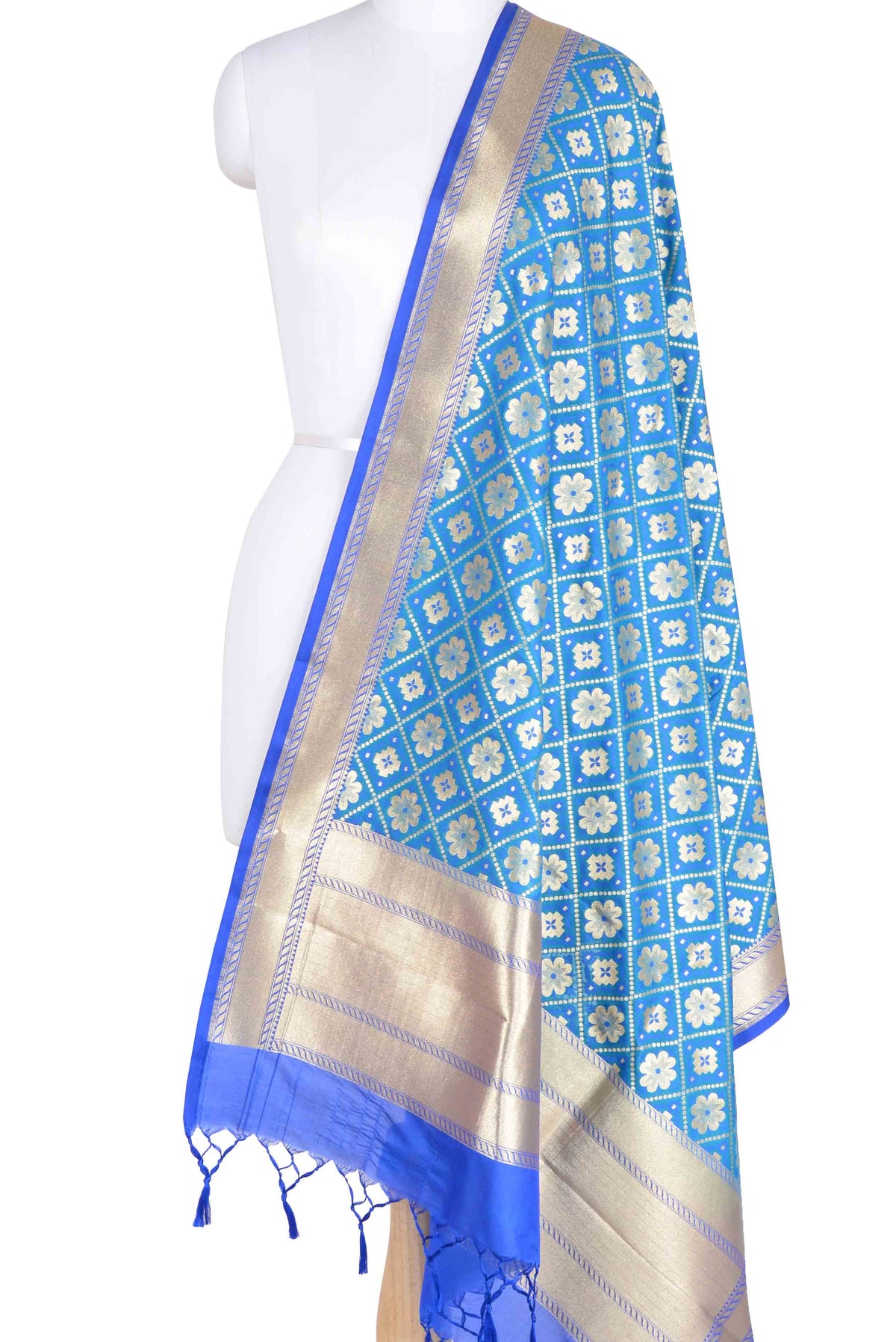 Sky Blue Banarasi dupatta with floral and plus motifs (1) Main