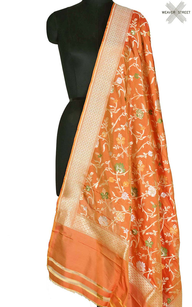 Squash orange katan silk Banarasi dupatta with meenedar floral jaal (1) Main