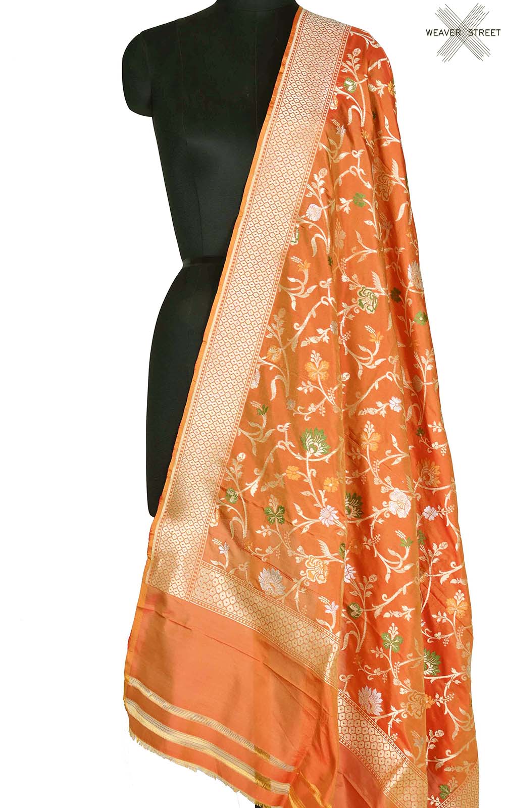 Squash orange katan silk Banarasi dupatta with meenedar floral jaal (1) Main