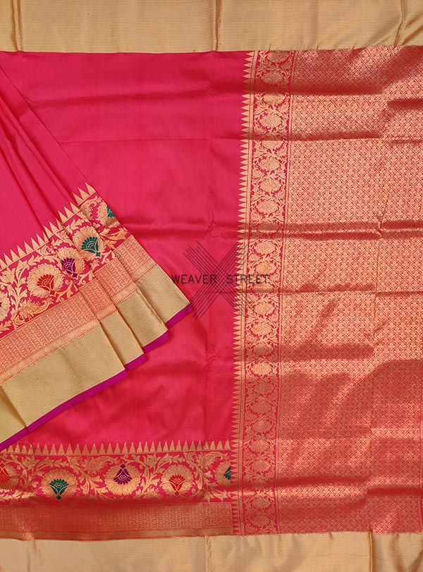 Strawberry Katan silk Handwoven Banarasi saree with meenedar floral skirt border (1) Main
