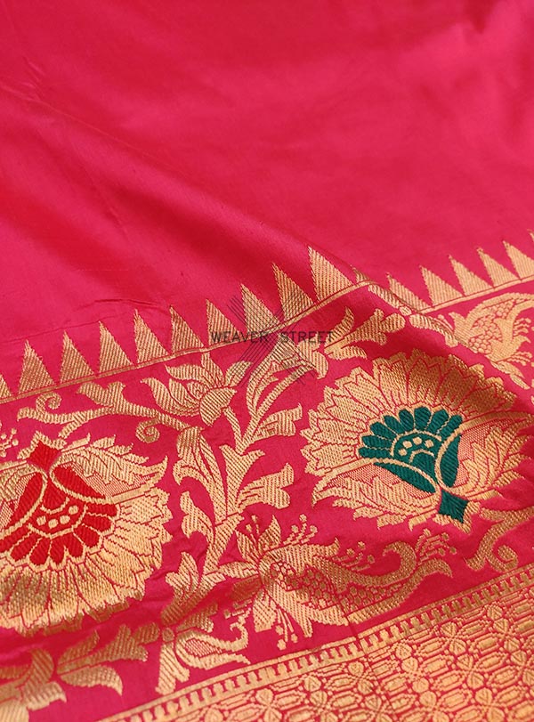 Strawberry Katan silk Handwoven Banarasi saree with meenedar floral skirt border (2) Zoom