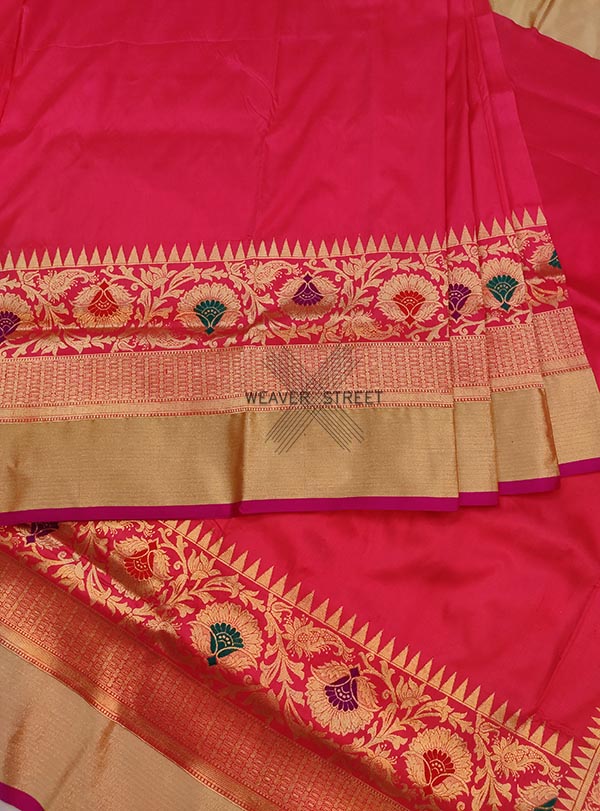Strawberry Katan silk Handwoven Banarasi saree with meenedar floral skirt border (4) Center