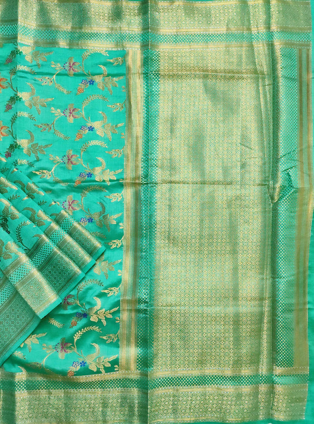 Teal Muga Chiniya silk Banarasi saree with meenedar flower jaal (1) Main