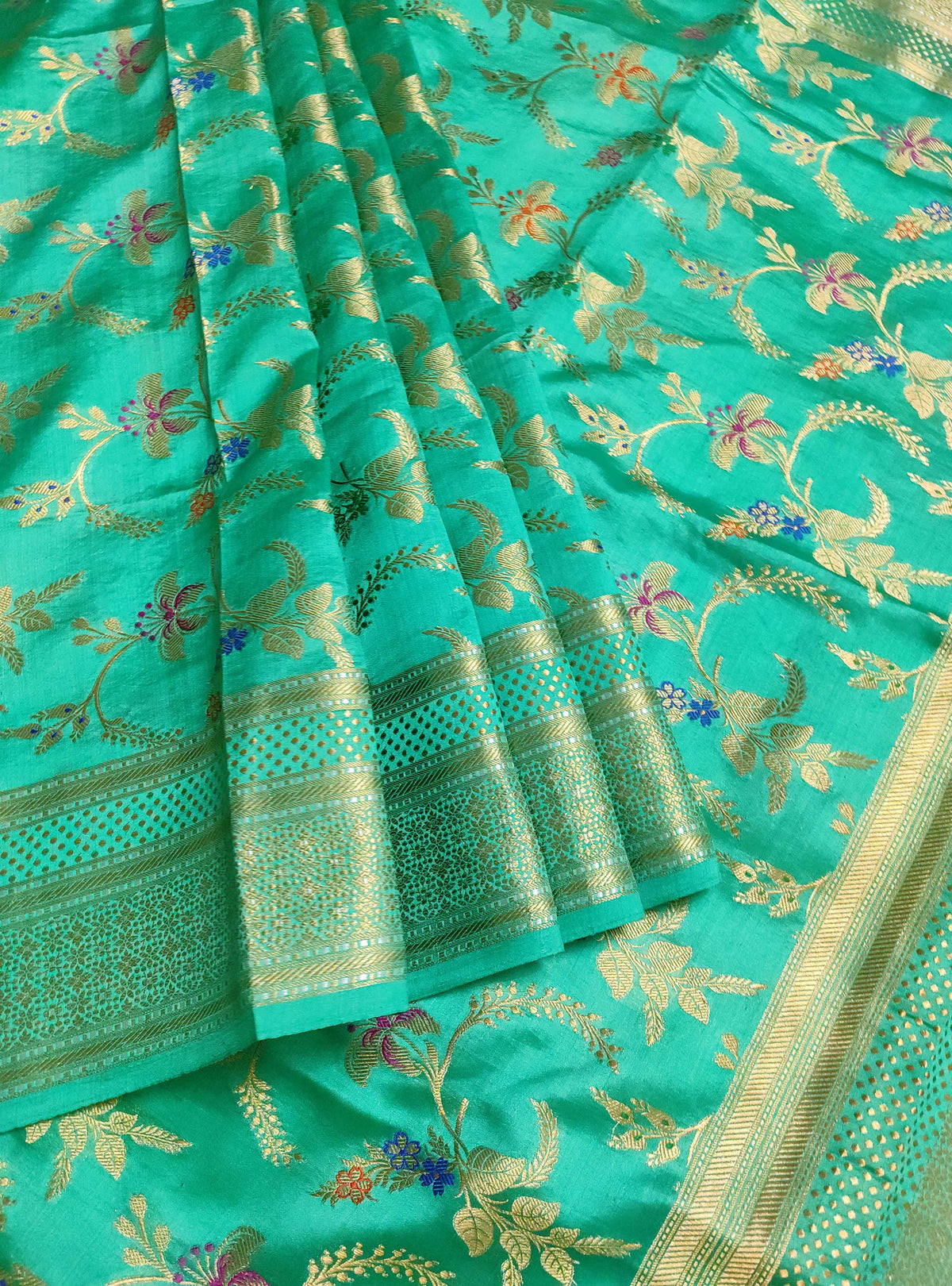 Teal Muga Chiniya silk Banarasi saree with meenedar flower jaal (3) Front