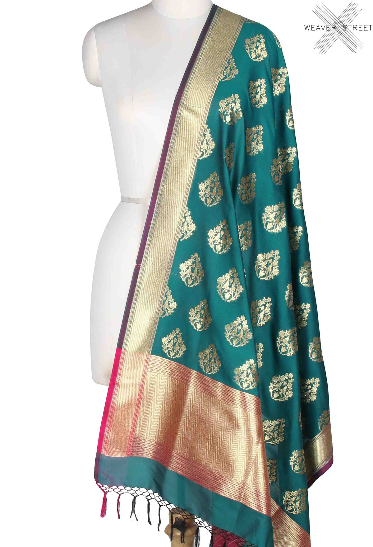 Teal art silk Banarasi dupatta with love bird motifs (1) Main