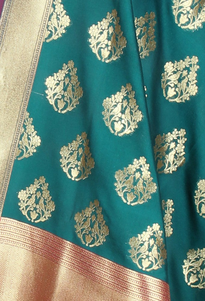 Teal art silk Banarasi dupatta with love bird motifs (2) Close up