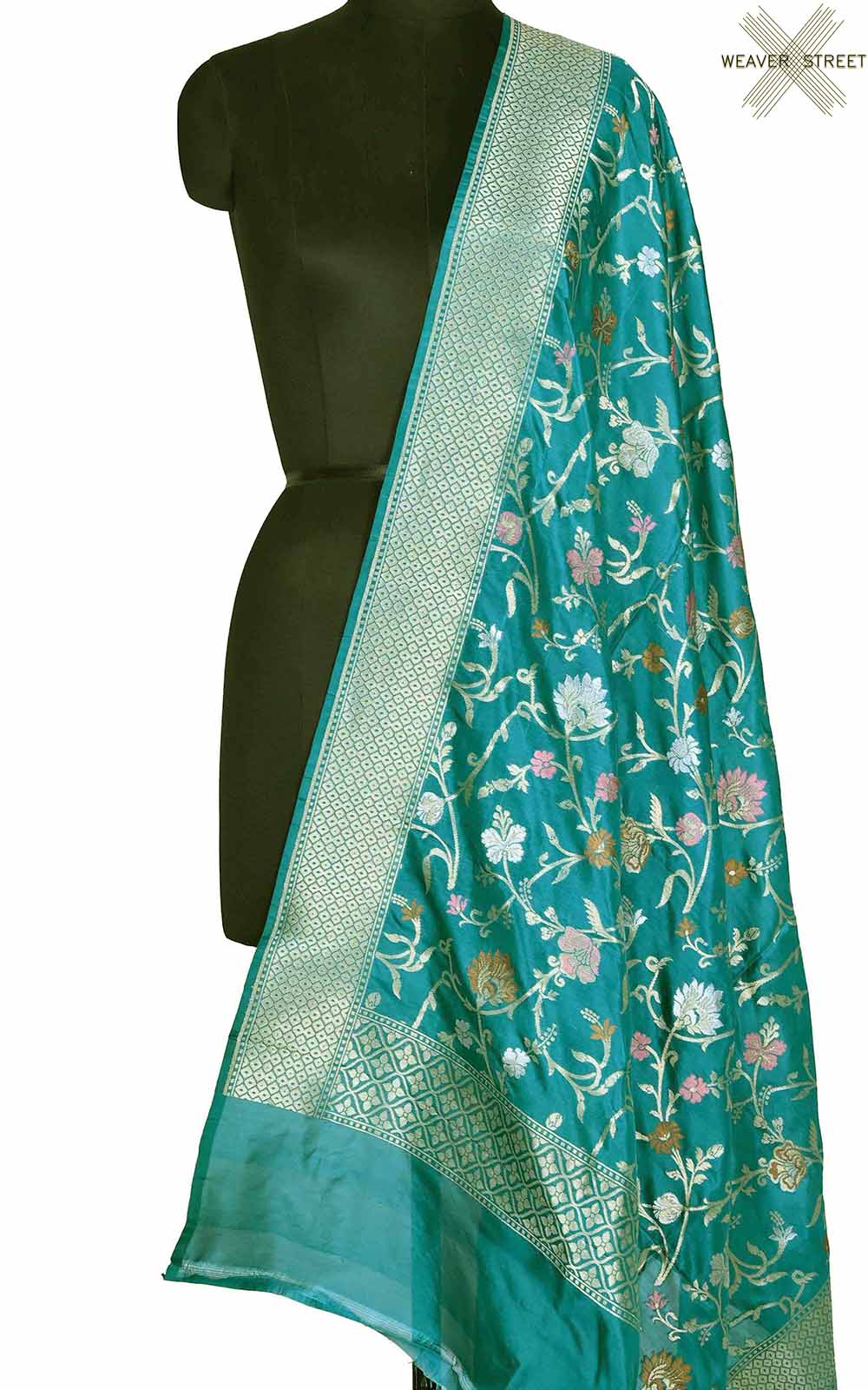 Teal katan silk Banarasi dupatta with meenedar floral jaal (1) Main