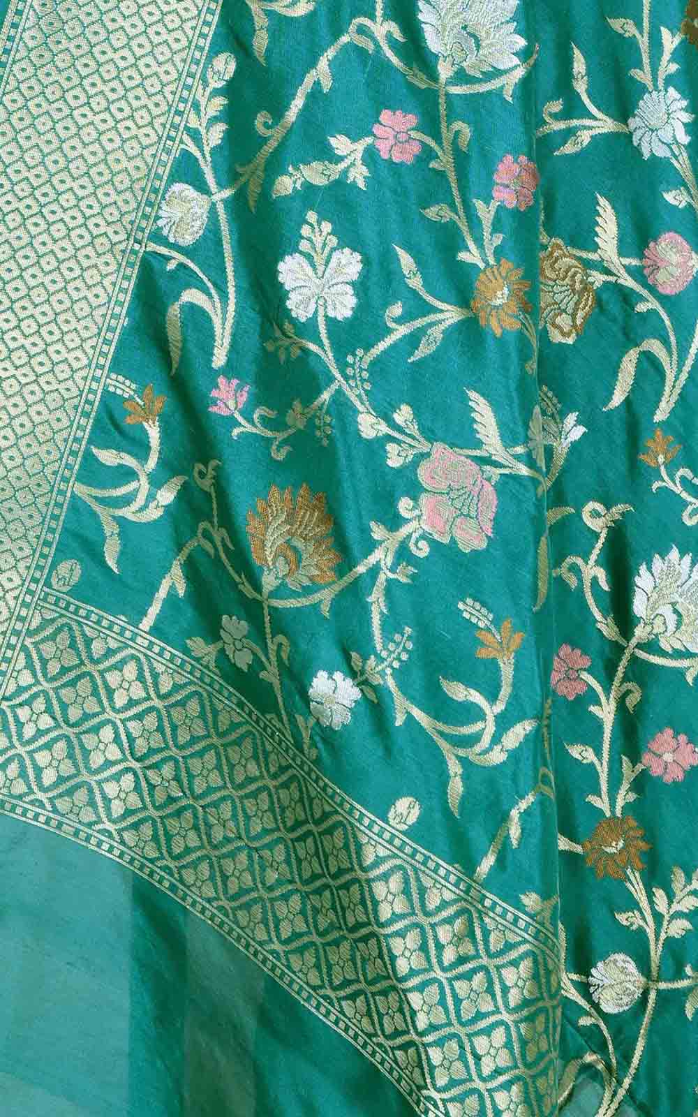 Teal katan silk Banarasi dupatta with meenedar floral jaal (2) Close up