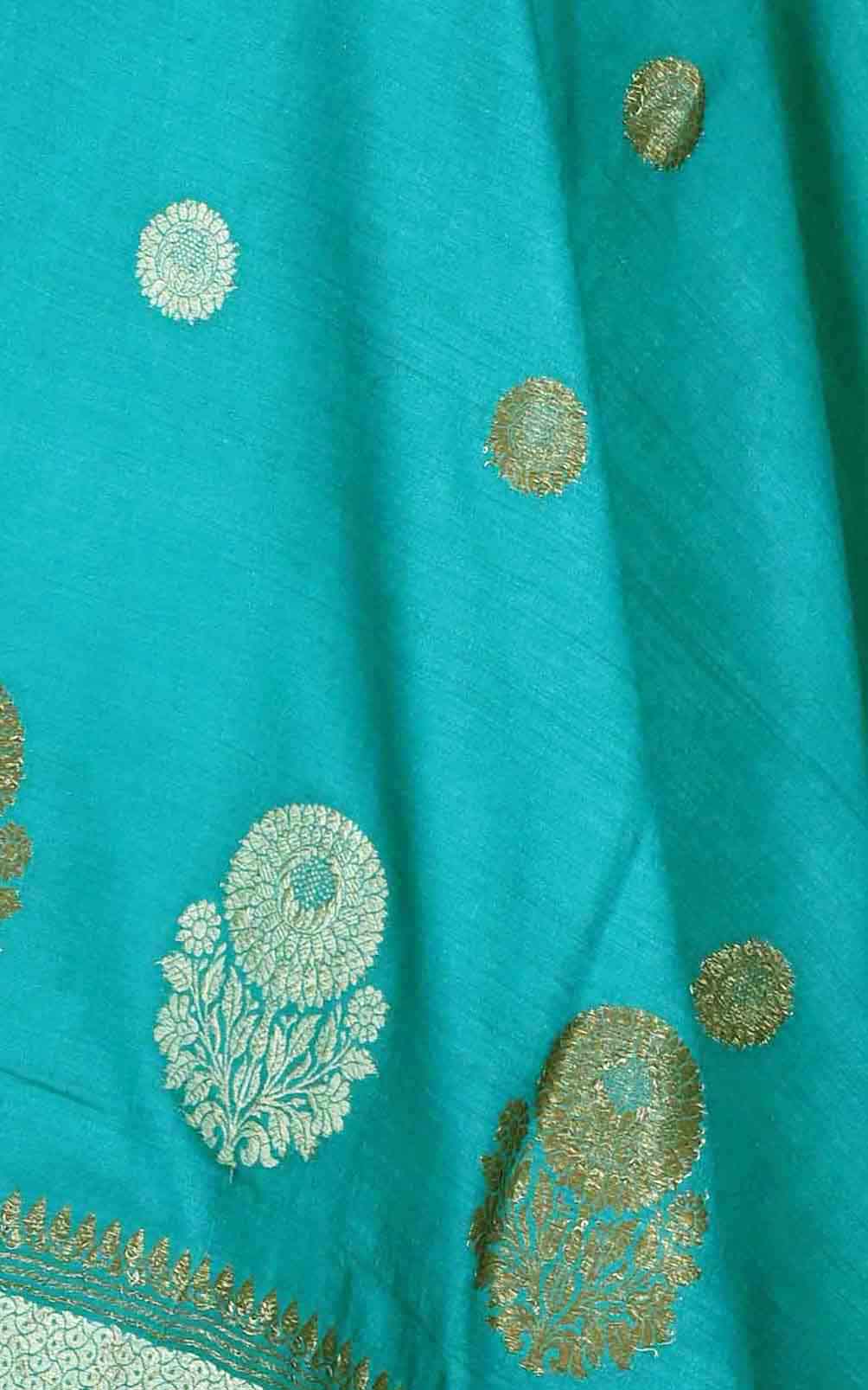 Teal muga silk Banarasi dupatta with round shape flower booti (2) Close up
