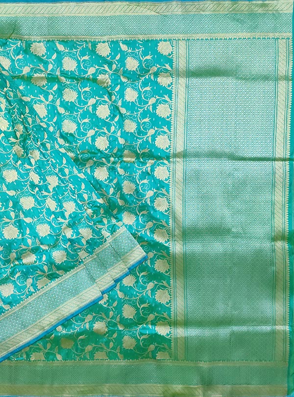 Turquoise Katan silk handloom Banarasi saree with delicate floral kaduwa jangla (1) main